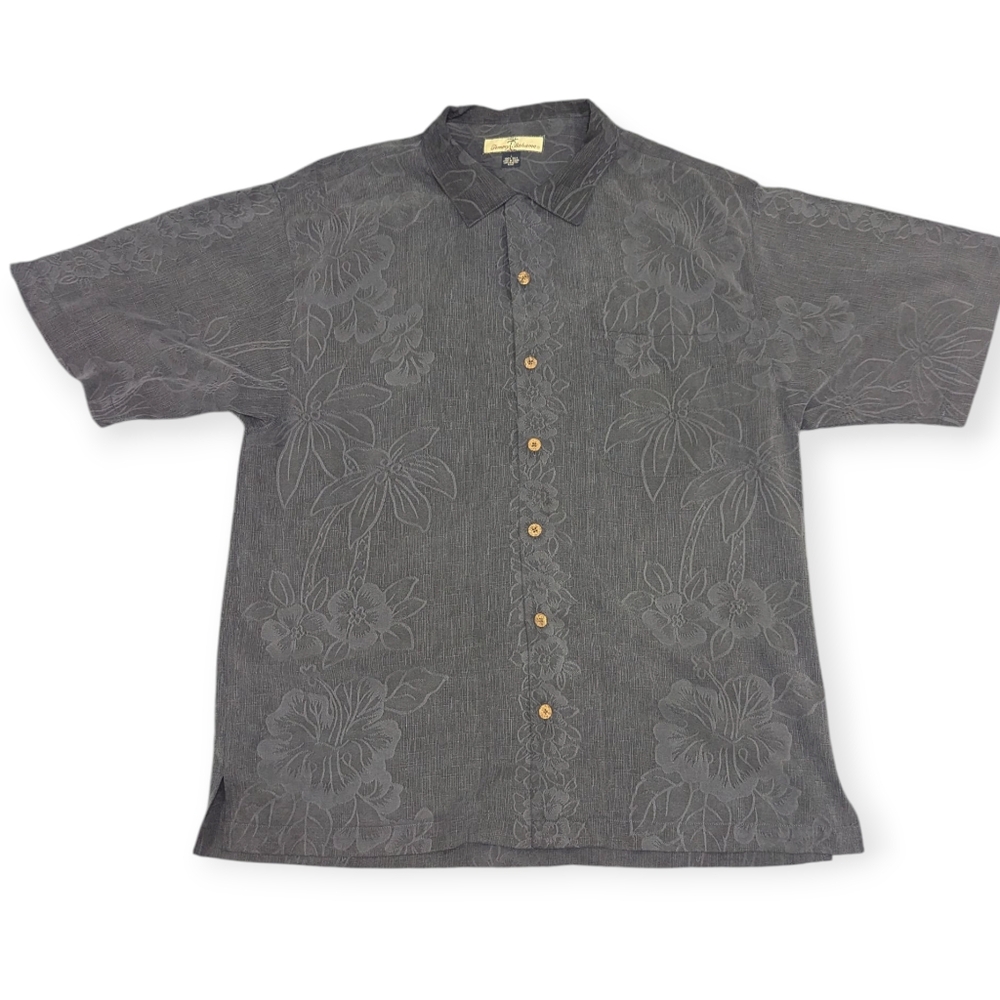 Tommy Bahama Shirt Men Large 100% Silk Gray Hawaiian Palm Trees Floral Tropical